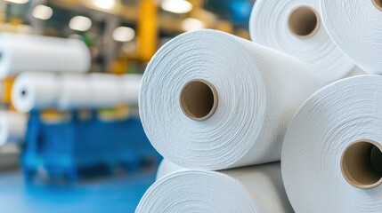 Cotton Industrial Production Concept, Neatly Stacked Rolls of Finished Cotton Fabric in Industrial Setting with Soft Focus Background