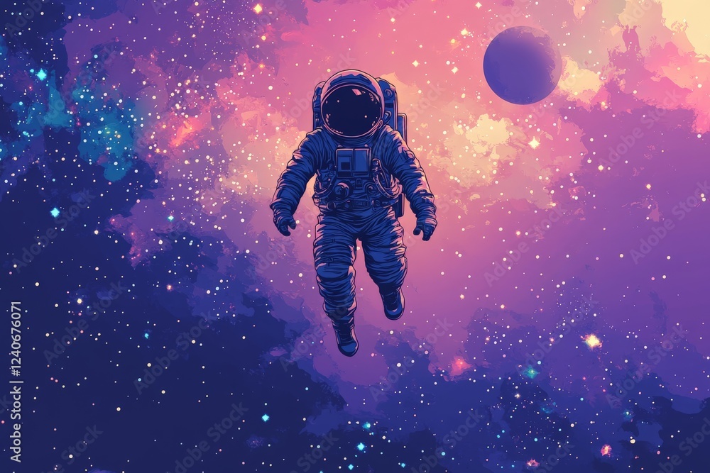 Aufkleber Astronaut floating in vibrant cosmic space with colorful nebula and distant planet