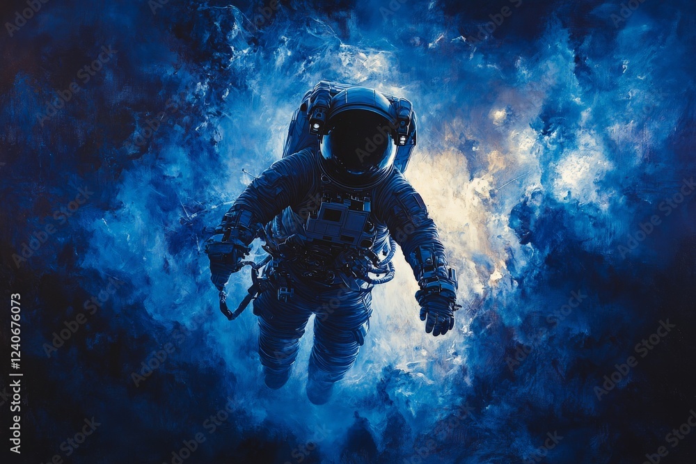 Poster Astronaut navigating through a vibrant cosmic cloud in deep space alongside glowing stars