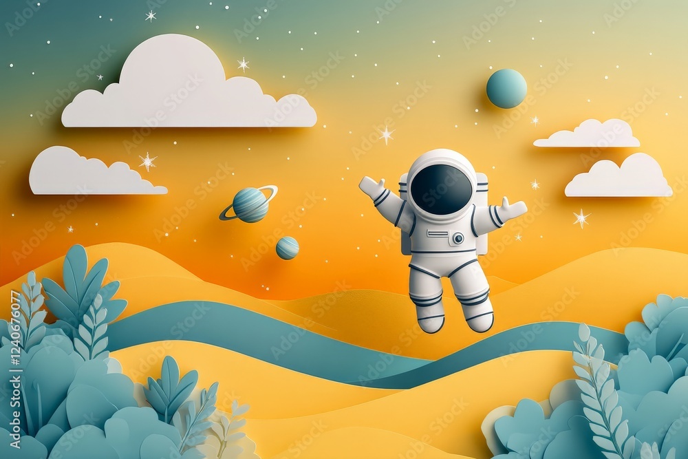 Aufkleber Astronaut floating in a colorful galaxy with planets and clouds in a surreal landscape