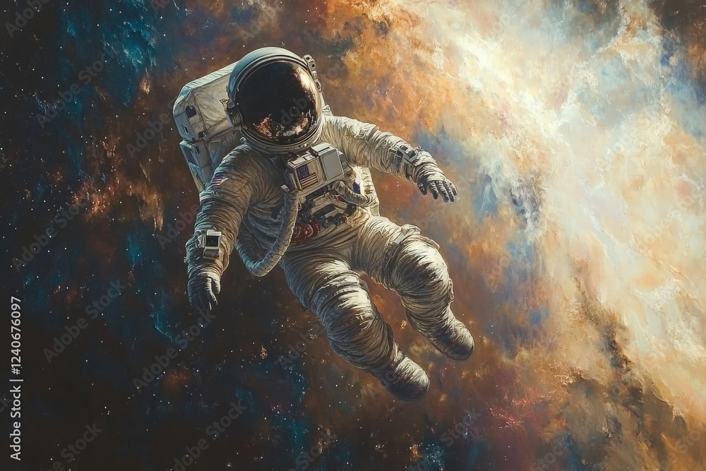 Aufkleber astronaut floating in deep space amidst colorful nebula and distant stars during a cosmic expedition