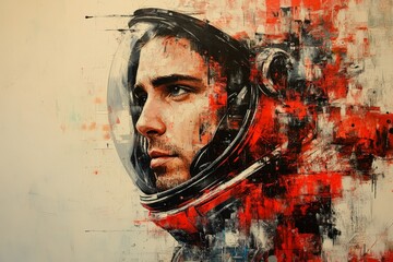 Portrait of an astronaut blending with vibrant abstract colors against a minimalist background