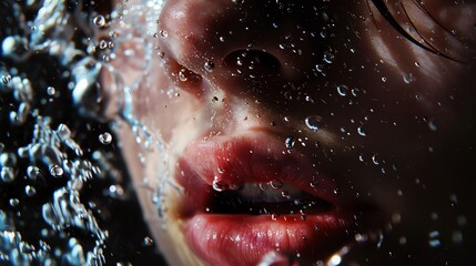 Close-up of a woman's face with water droplets on her skin. The focus is on her lips, which are slightly parted. The woman's eyes are closed.