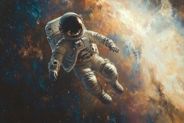 Fototapeta premium Astronaut floating in deep space amidst colorful nebula and distant stars during a cosmic expedition