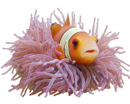 playful clownfish hiding in vibrant anemone, showcasing its bright colors and unique features. This captures beauty of marine life in whimsical way