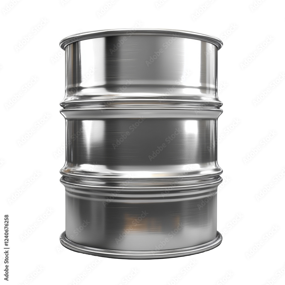 Poster the image shows a single empty metallic barrel with a brushed steel finish standing on a black backg