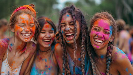 Fototapeta premium This Friends joyfully celebrate Holi with colorful powders, sharing laughter and happiness in nature.