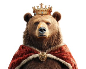 bear wearing crown and royal cape, exuding regal presence. This majestic animal embodies humorous take on royalty, blending nature with playful twist
