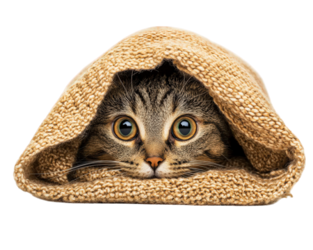 cat peeking out from under blanket with wide eyes, showcasing curiosity and playfulness. This adorable scene captures essence of cozy moment