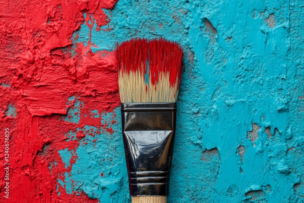 Poster brightly colored paintbrush lying on textured red and blue wall surface in an artistic studio settin