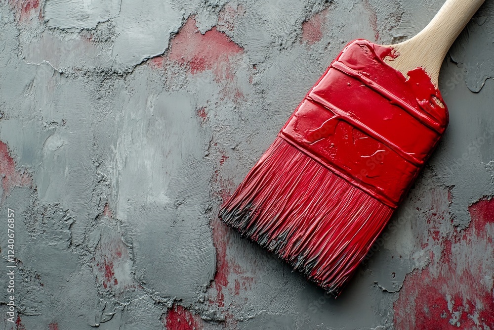 Poster bright red paintbrush rests on textured gray wall surface with splashes of paint in an art studio