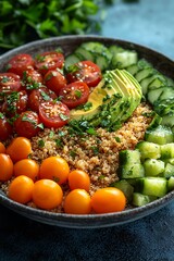 Colorful quinoa salad with diced avocado cherry tomatoes and cucumber symbolizing balanced meals