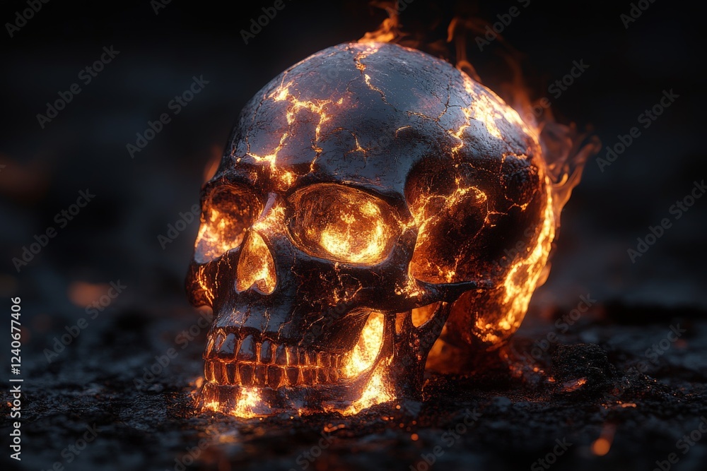Poster skull glowing with lava textures in a dark environment, symbolizing the contrast between life and de