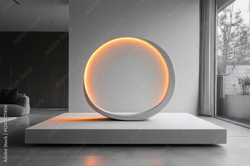 Poster Modern minimalist sculpture illuminated in a spacious living room with large windows during daytime