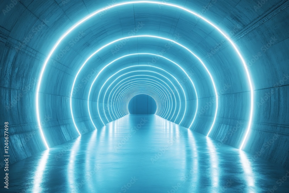 Aufkleber Illuminated tunnel with glowing blue neon lights creating a surreal atmosphere