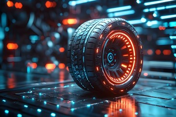 Futuristic Automotive Machinery with Glowing Sci Fi Tire in Dark Metallic Tech Landscape