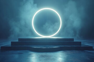 Circular neon light glowing above stone steps in a misty environment during nighttime