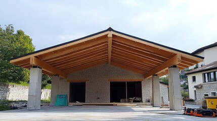 Wooden framework set up for an expanded carport roof structure.