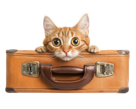 Cat peeking out from vintage suitcase, looking curious and ready to travel. This adorable feline adds playful touch to travel theme