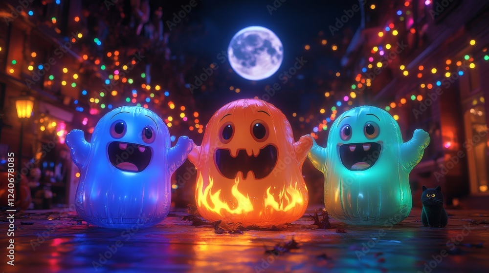 Poster halloween scene three inflatable ghosts blue with raised arms orange with a fiery base green with a 