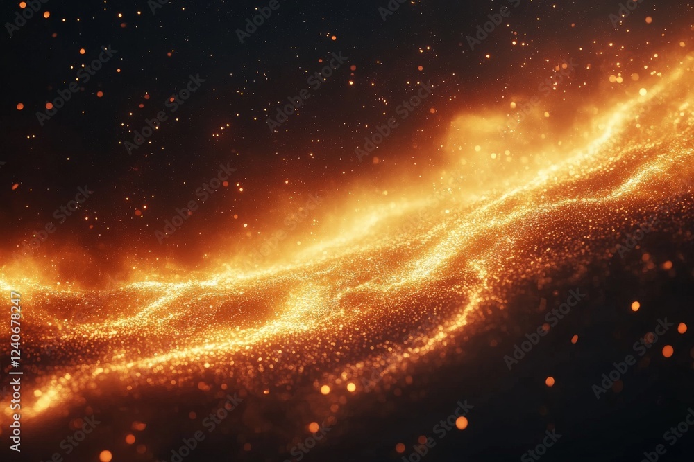 Poster Swirling golden particles create a cosmic effect against a dark background in a mesmerizing display of light and color