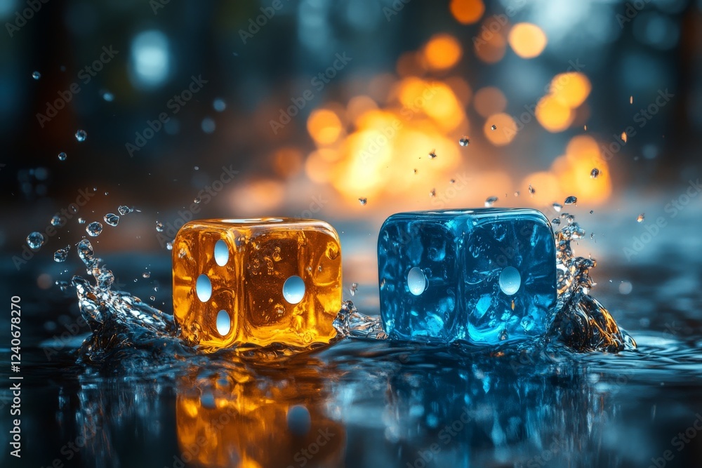 Aufkleber Colorful dice splashing in water with vibrant background and reflections creating a dynamic effect