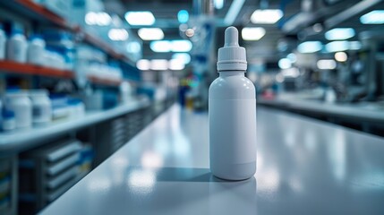 A small transparent plastic bottle with a dropper cap, placed centrally on a clean white medical table.