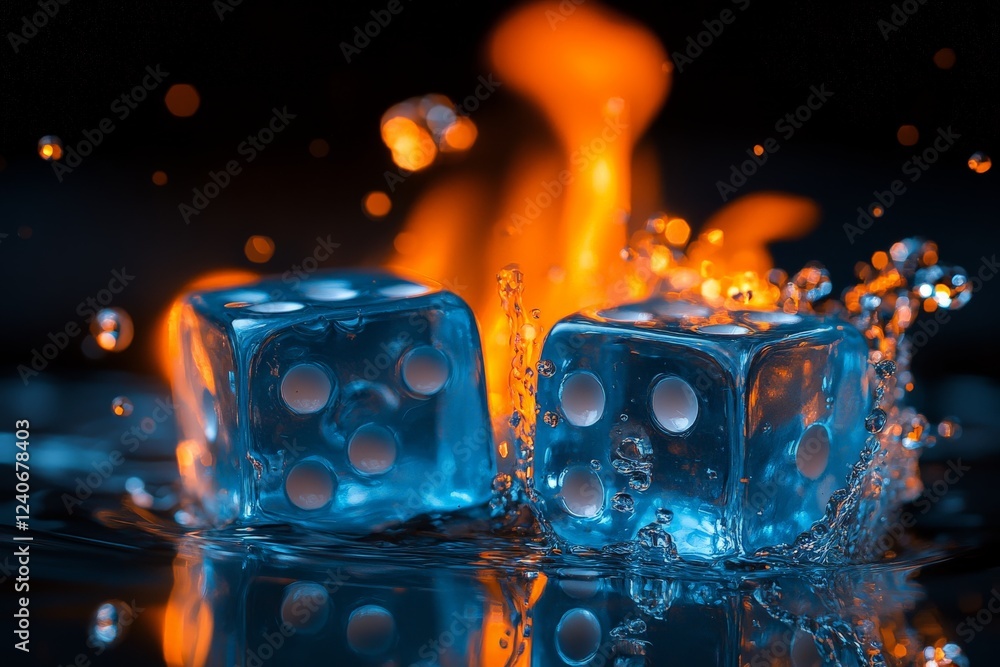Poster colorful ice cubes and dice create a dynamic splash against a backdrop of flames in a dramatic setti