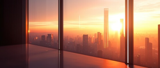 A serene sunset view from a modern building, showcasing vibrant colors and city silhouettes through large glass windows.