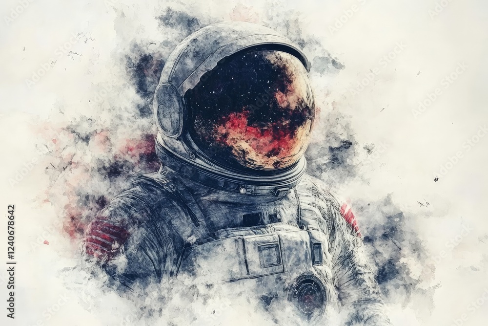 Poster cosmic journey of an astronaut exploring the universe with a starry helmet amidst cloud formations