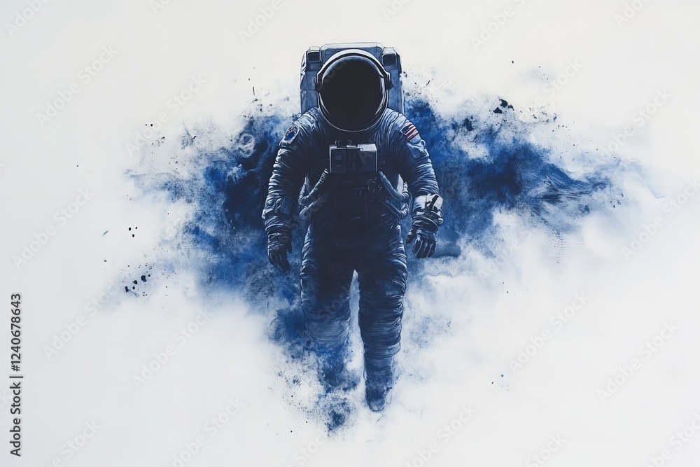 Poster astronaut floating through space surrounded by clouds of cosmic dust and colors