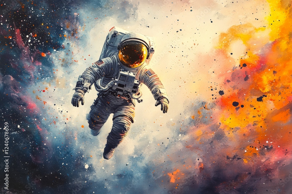 Poster astronaut explores vast cosmic space filled with vibrant colors and swirling gases at the edge of a 