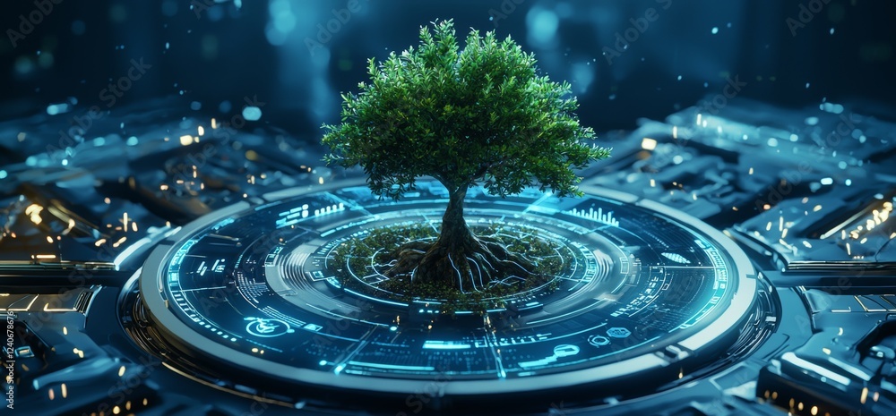 Poster an advanced digital setting with a tree that incorporates a technological interface.