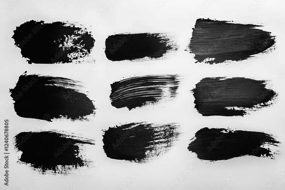 Poster black paint strokes arranged on a white canvas showcasing various brush techniques and textures in a