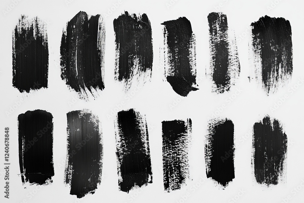 Poster various black paint strokes on white canvas showcasing texture and artistic expression