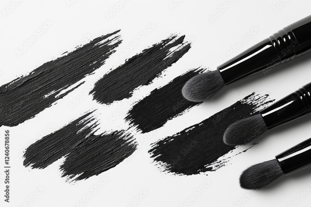 Poster black makeup brushes creating strokes on a blank canvas in a makeup studio