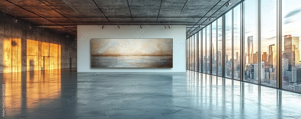 Aufkleber an empty gallery with a large window and downlit recesses