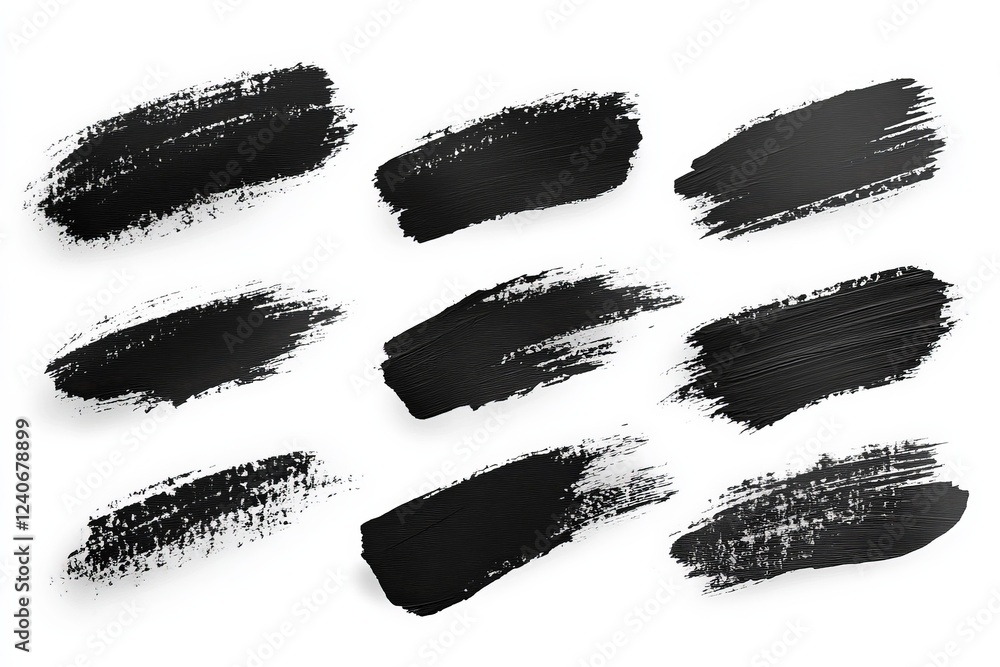 Poster various black paint brush strokes on a white background for creative use in design and digital art p