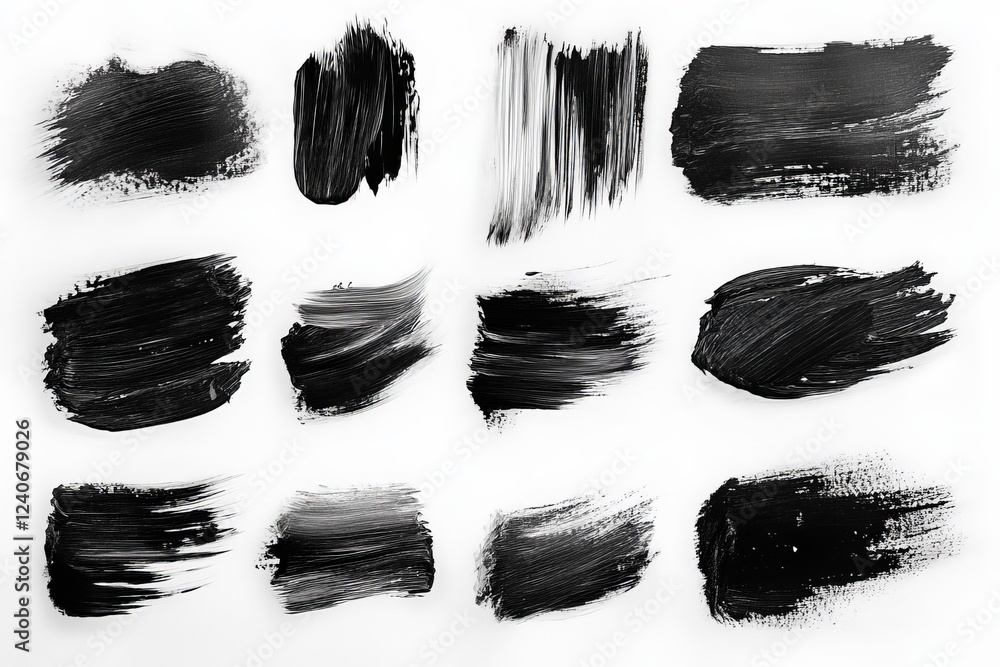 Poster black brush strokes on white background showcasing various textures and styles for artistic creativi