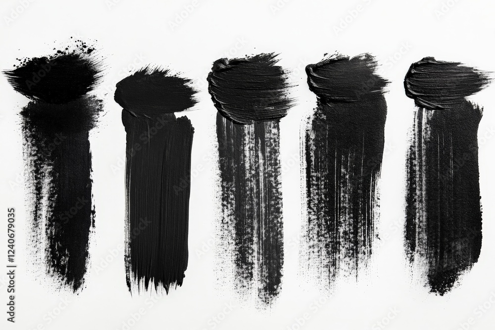 Poster various brush strokes of black paint on a white canvas showcasing different textures and techniques