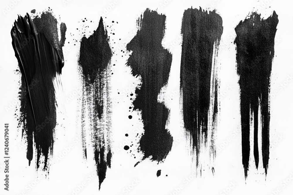Poster black paint strokes on a white background showcasing artistic texture and variety in patterns and st