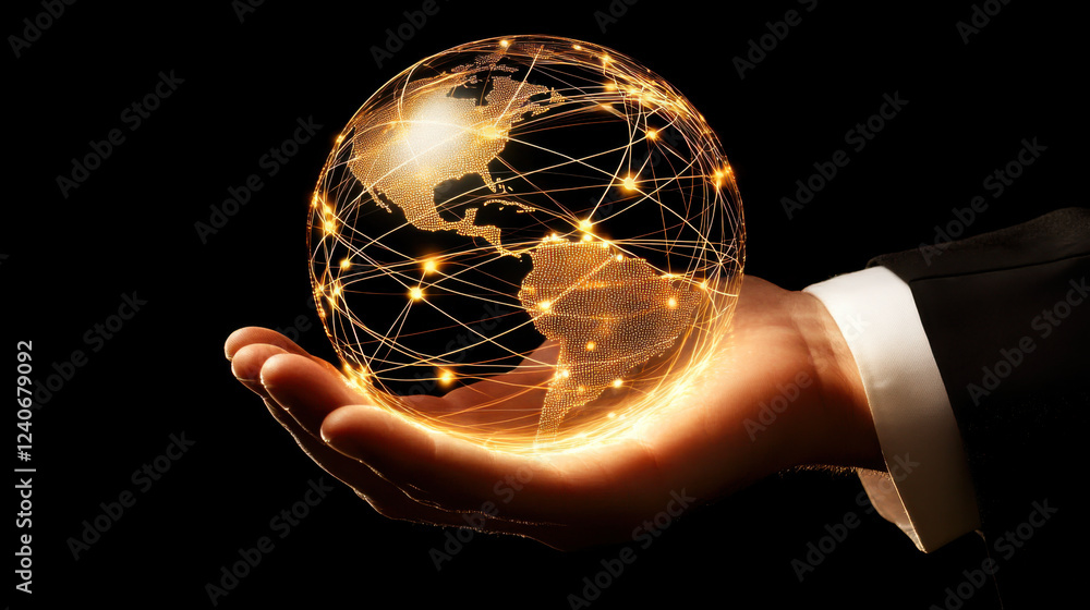 Poster illuminated globe held in hand signifies global connectivity and technology in a digital age