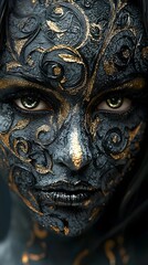 Intricately Designed Venetian Mask in Dramatic Black and Gold