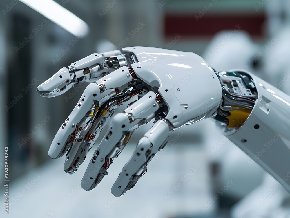 Poster a close-up view of a robotic hand showcasing advanced engineering and design