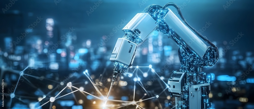 Aufkleber a close-up view of a modern robotic arm engaged in a high-tech workspace, showcasing intricate machi