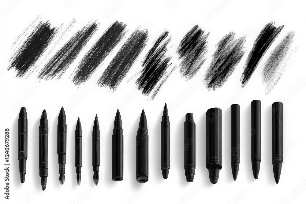 Poster black art supplies arranged in various styles on a clean surface showcasing texture and versatility
