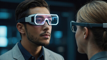 AR glasses, man and woman wearing futuristic smart glasses with holographic interface, advanced augmented reality technology in business setting..