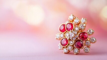 Fototapeta premium Antique ruby and diamond brooch with a vintage floral design on a soft pastel background