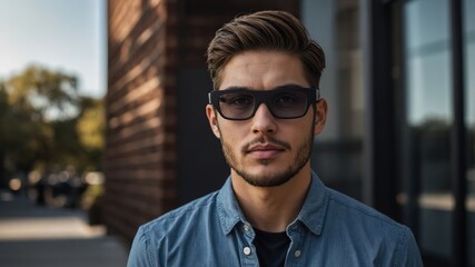 Fototapeta premium AR Glasses, stylish young man wearing futuristic augmented reality smart glasses outdoors, modern wearable technology and fashion..