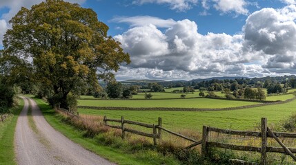 A lush green field with a solitary tree stands next to a meandering path under a bright blue sky with fluffy clouds